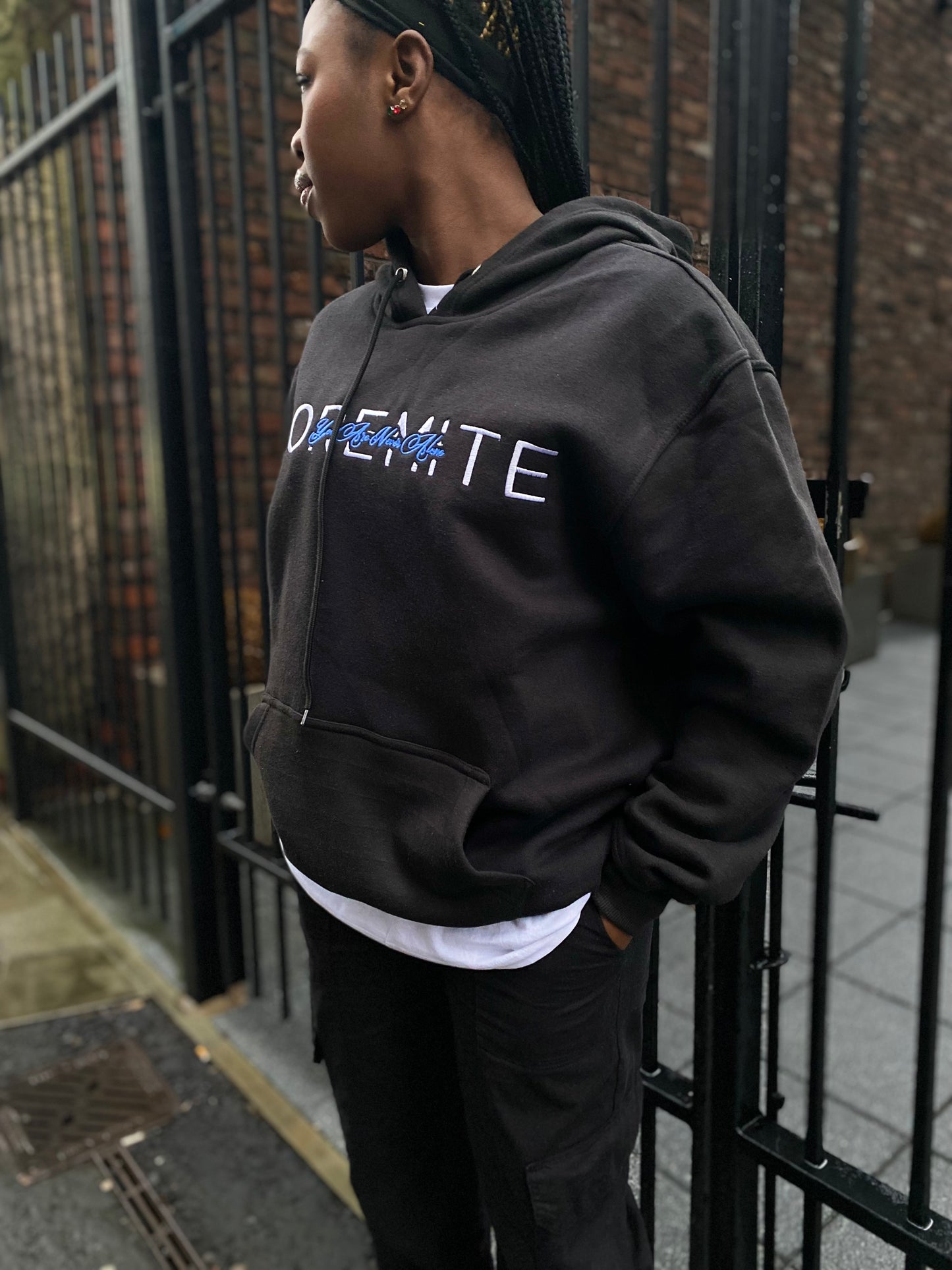 Blue Embroidered hoodie- Black